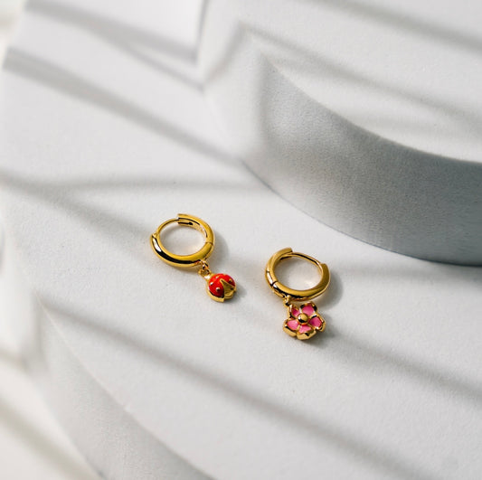 Cherry Blossom & Ladybug Mismatch Huggie Hoops